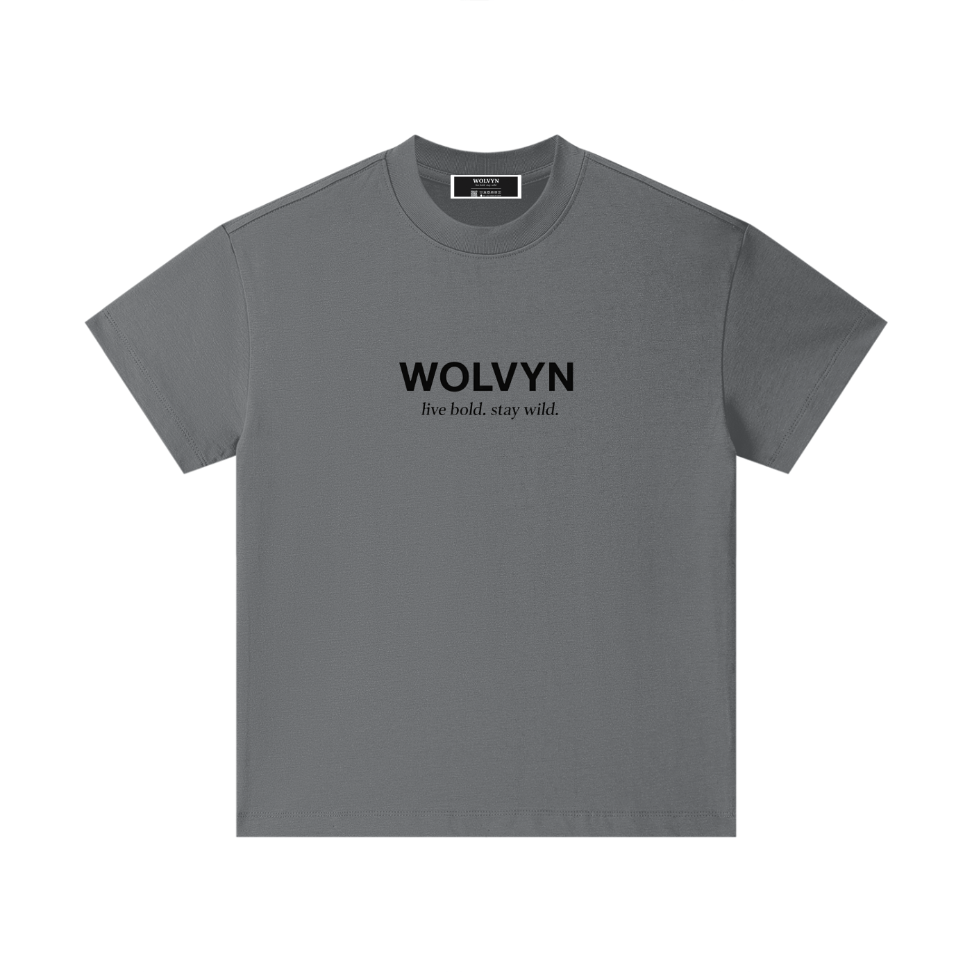 Gray cotton kids t-shirt with bold black text graphic and crew neckline, flat lay view