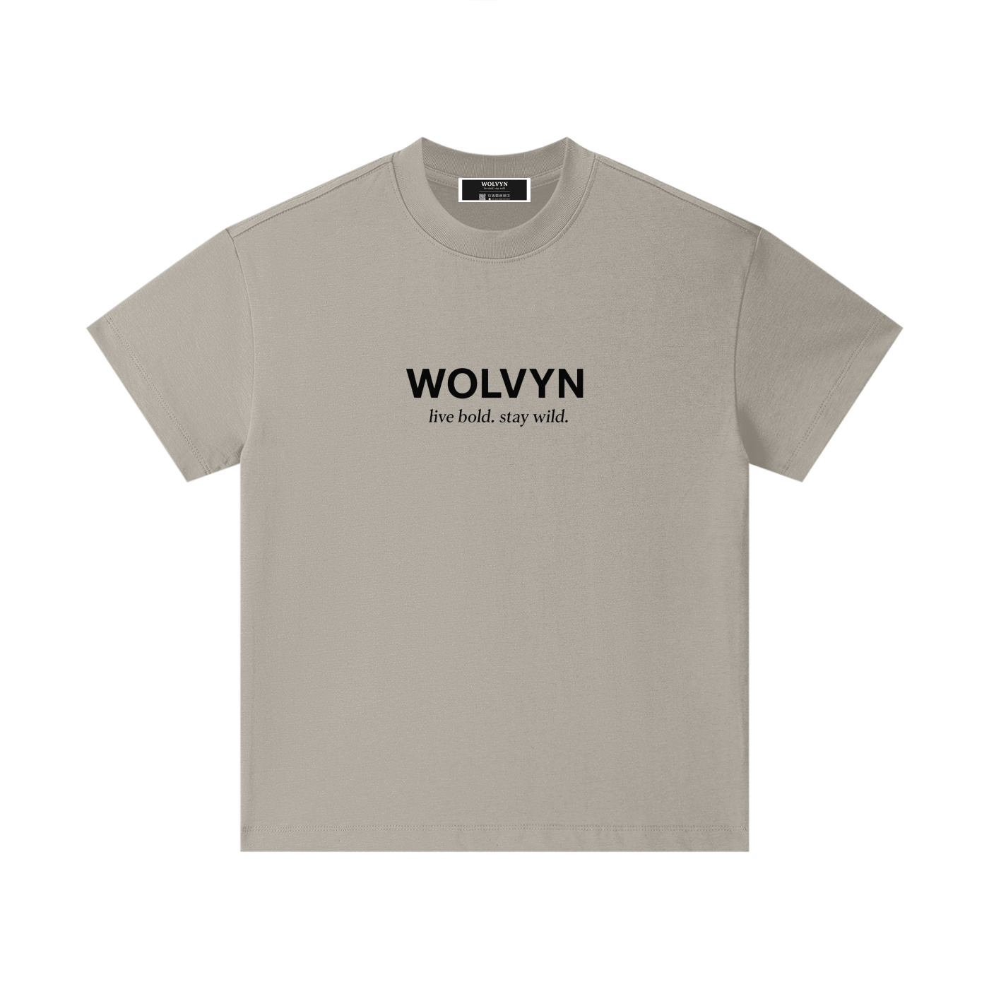 Kids beige cotton t-shirt with bold WOLVYN text and 'live bold. stay wild.' slogan print.