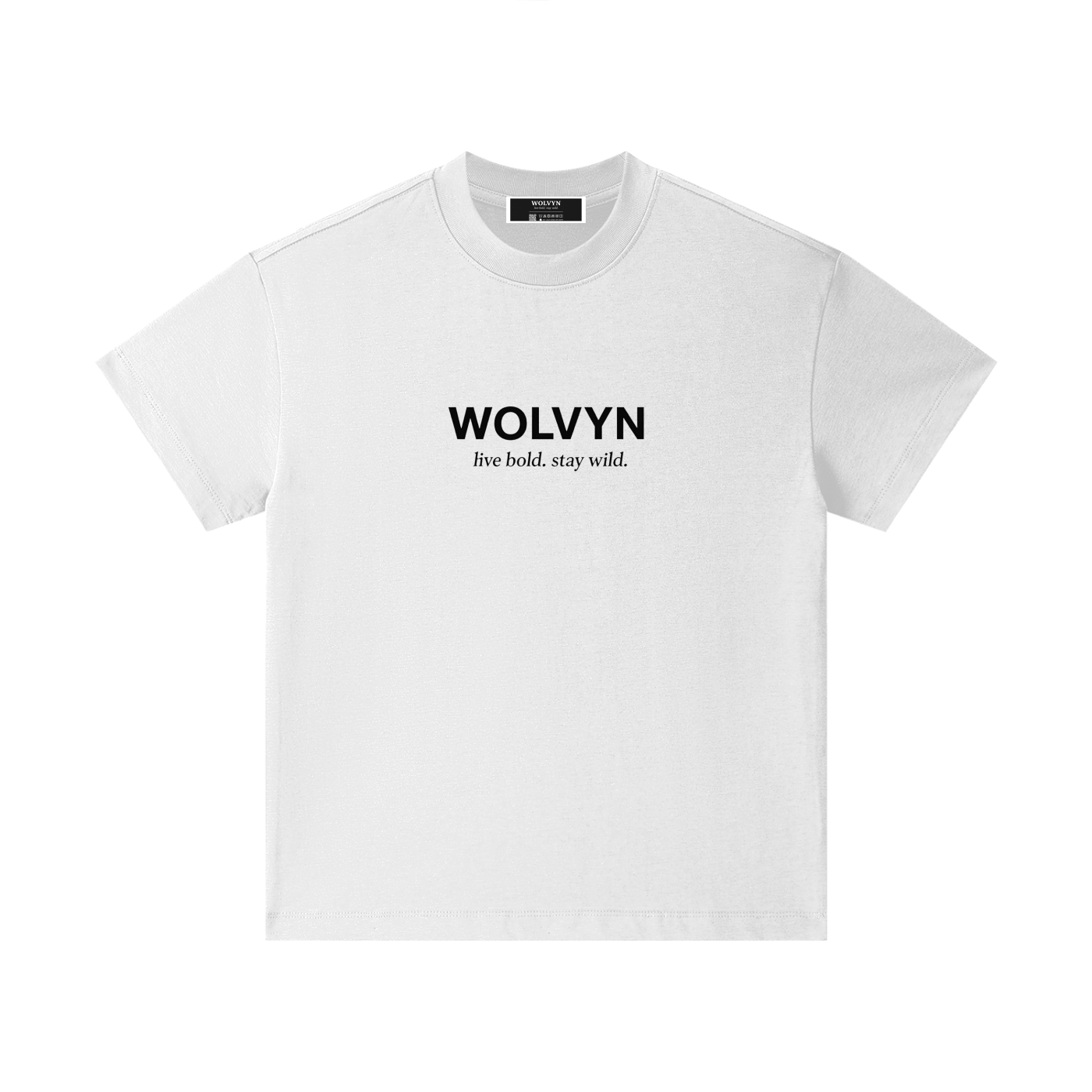 White cotton kids t-shirt with 'WOLVYN live bold. stay wild.' black text on front