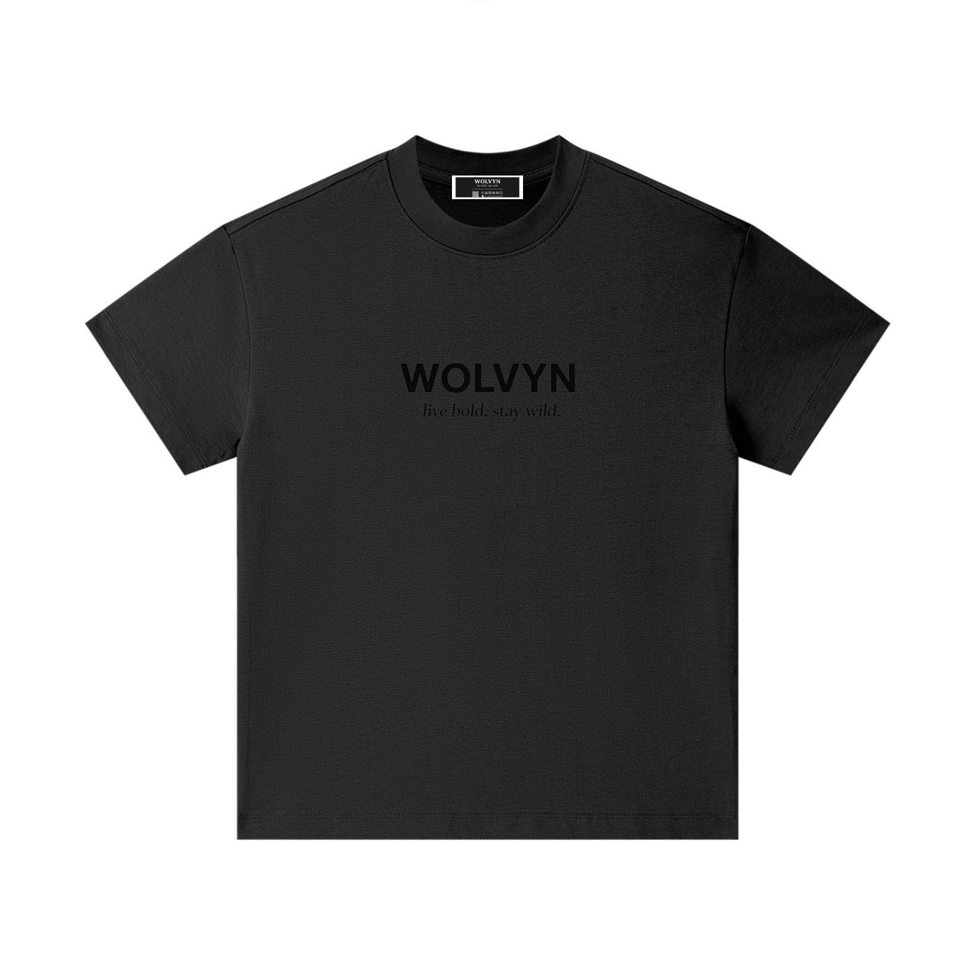 Black cotton kids t-shirt with crew neck, short sleeves, and WOLVYN text on the chest.