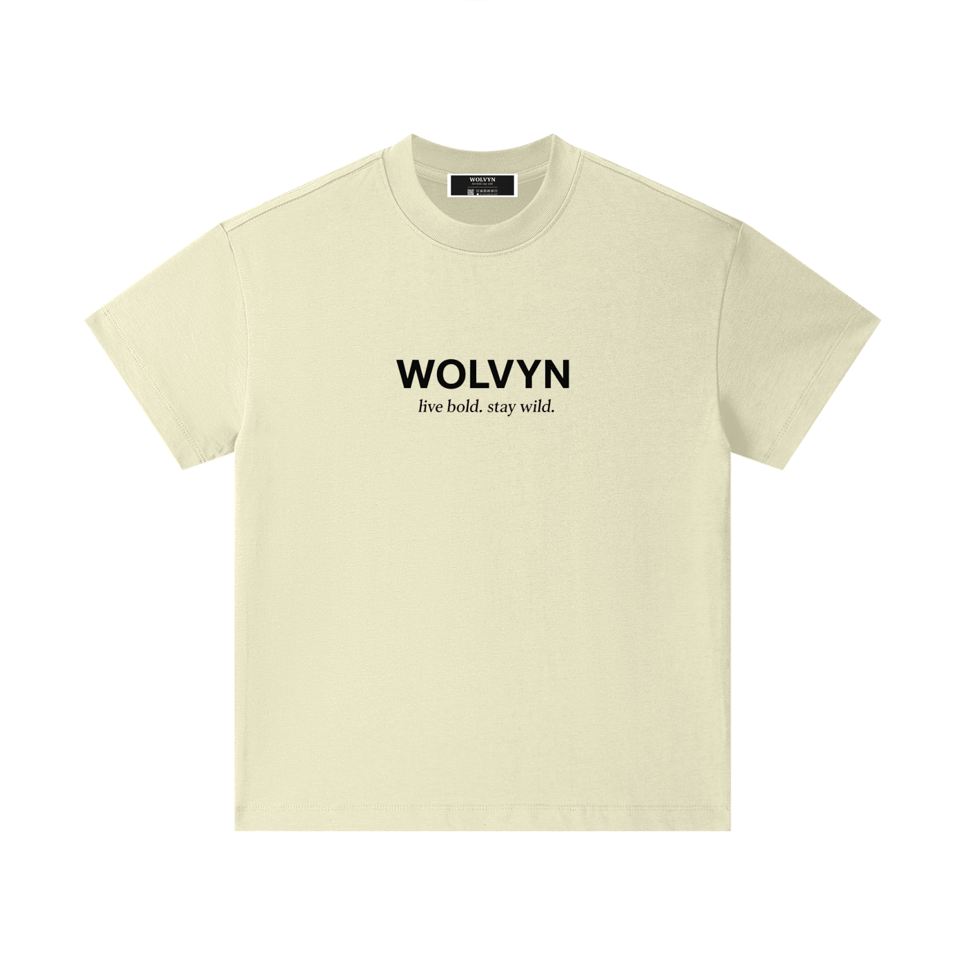Cream cotton kids t-shirt with bold WOLVYN text and 'live bold. stay wild.' slogan printed.