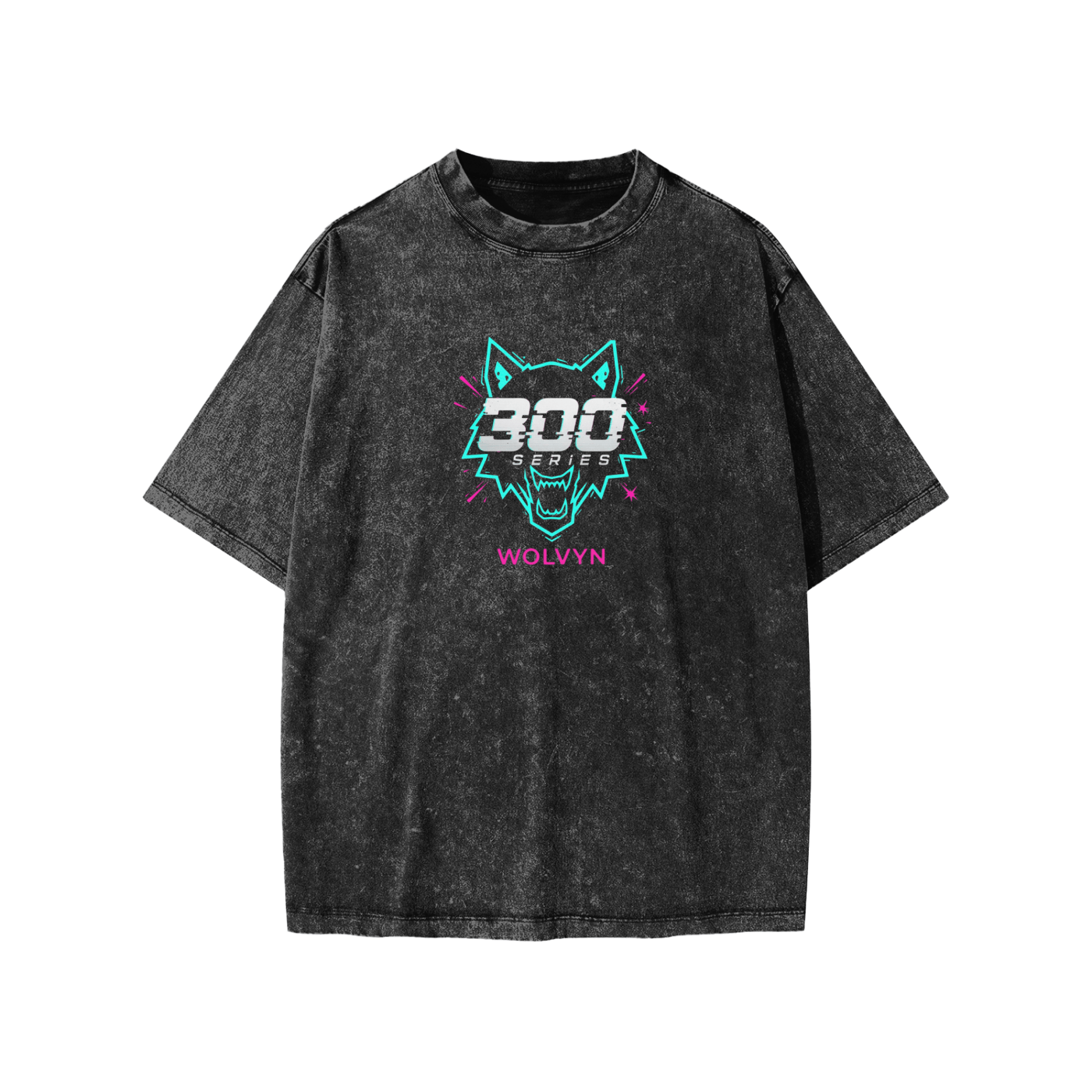 Snow washed kids t-shirt with neon wolf graphic and '300 Series' text on front
