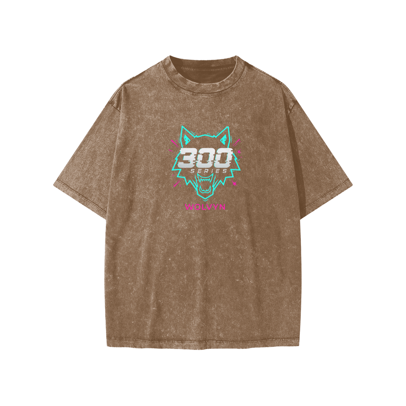 Kids brown snow-washed t-shirt with neon wolf graphic and 300 Series text on front