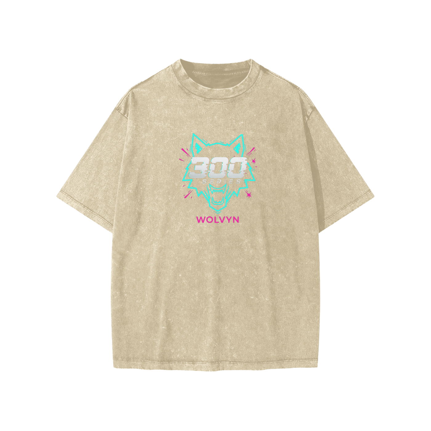 Snow-washed kids t-shirt with neon wolf graphic, '300 Series' text, and bold streetwear style.