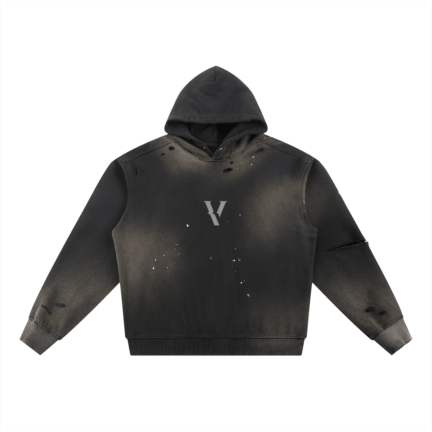 Black sun-fade fleece hoodie with frayed details, distressed accents, and V logo on chest