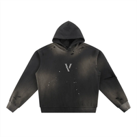 Black sun-fade fleece hoodie with frayed details, distressed accents, and V logo on chest