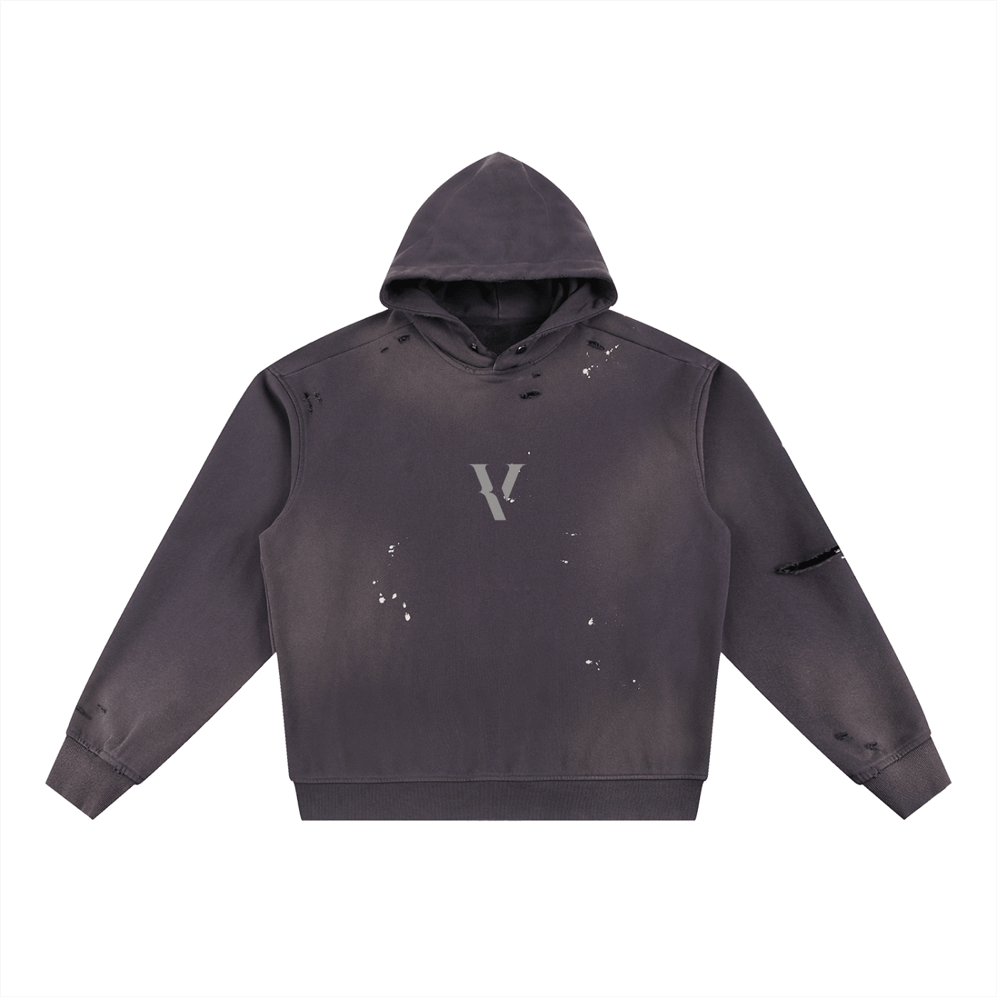 Faded black fleece hoodie with distressed details and a large V logo on the front