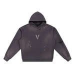 Faded black fleece hoodie with distressed details and a large V logo on the front