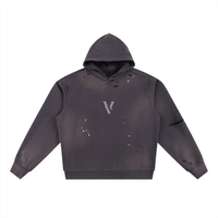 Faded black fleece hoodie with distressed details and a large V logo on the front