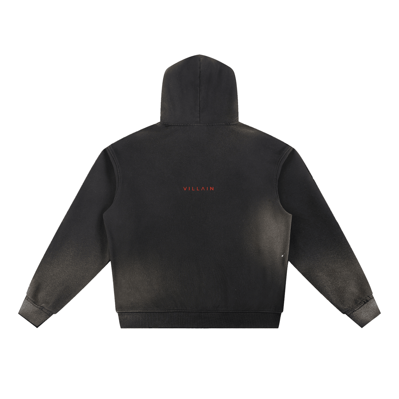 Black faded fleece hoodie with 'VILLAIN' text on back, heavyweight streetwear style