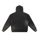 Black faded fleece hoodie with 'VILLAIN' text on back, heavyweight streetwear style