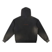 Black faded fleece hoodie with 'VILLAIN' text on back, heavyweight streetwear style