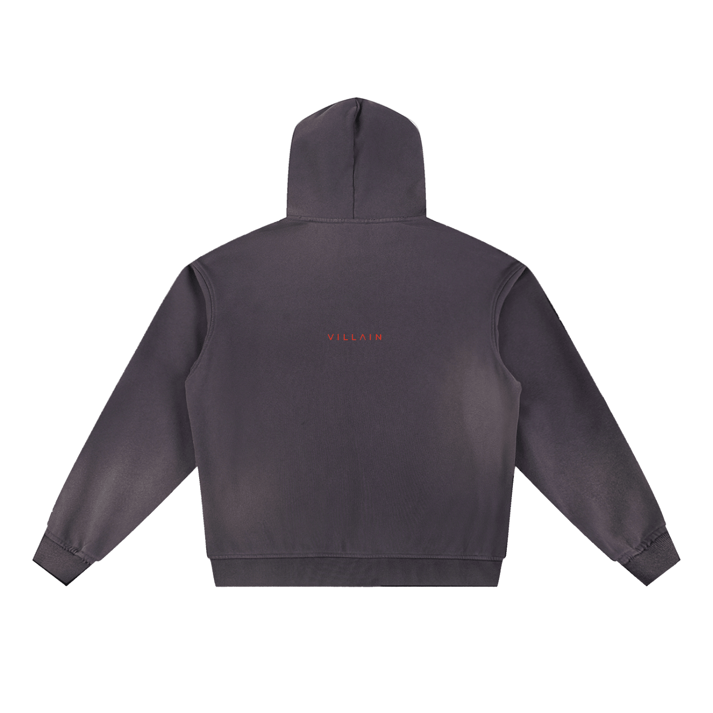 Dark gray fleece hoodie with 'VILLAIN' text in red on the back, heavyweight streetwear style