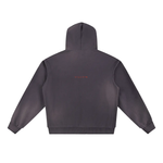 Dark gray fleece hoodie with 'VILLAIN' text in red on the back, heavyweight streetwear style