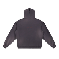 Dark gray fleece hoodie with 'VILLAIN' text in red on the back, heavyweight streetwear style