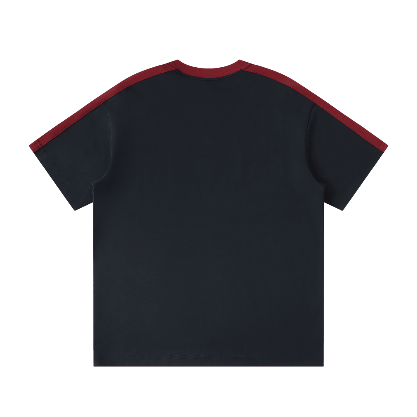 Unisex black t-shirt with burgundy colorblock stripes on sleeves and collar, back view