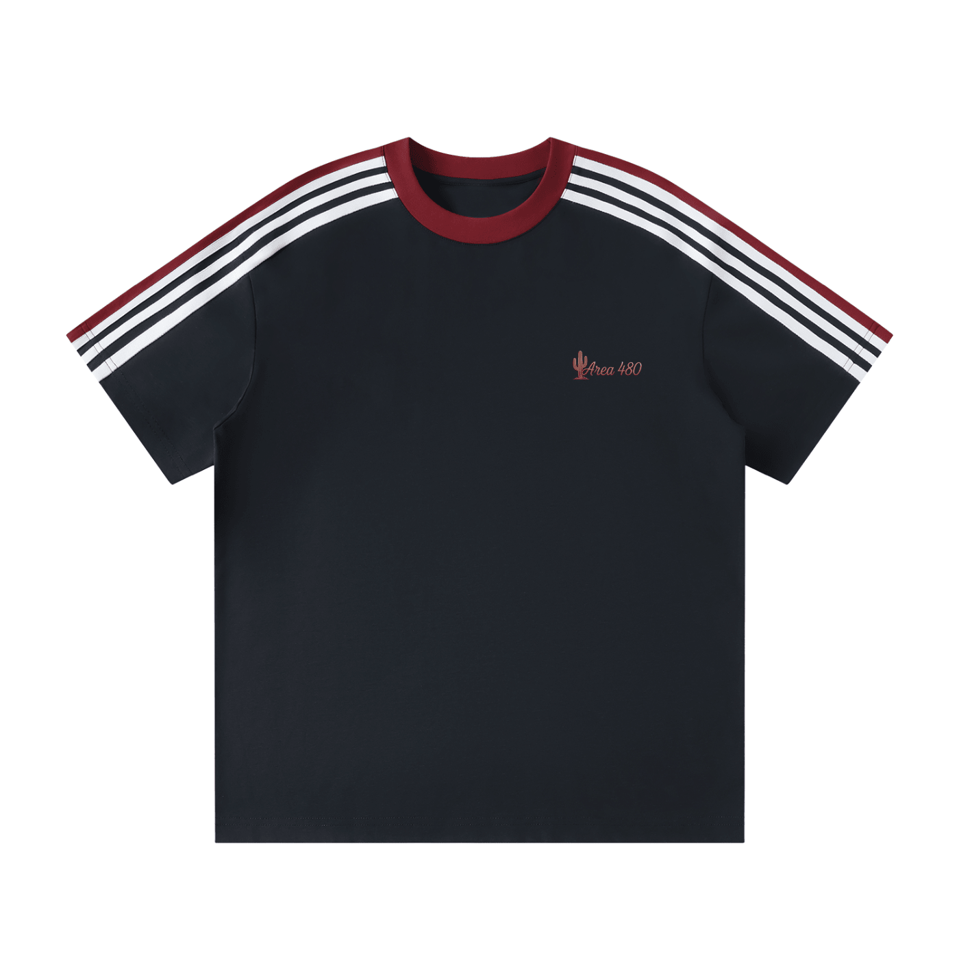 Unisex colorblock striped t-shirt with maroon collar and white shoulder stripes