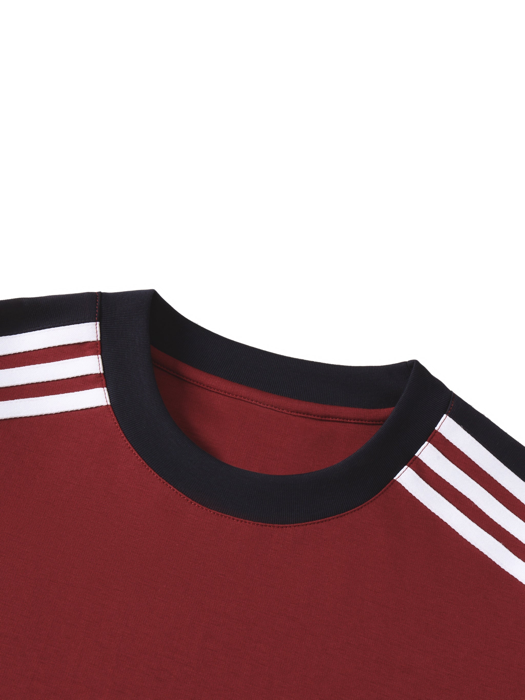 Unisex colorblock striped t-shirt with maroon body, black collar, and white shoulder stripes