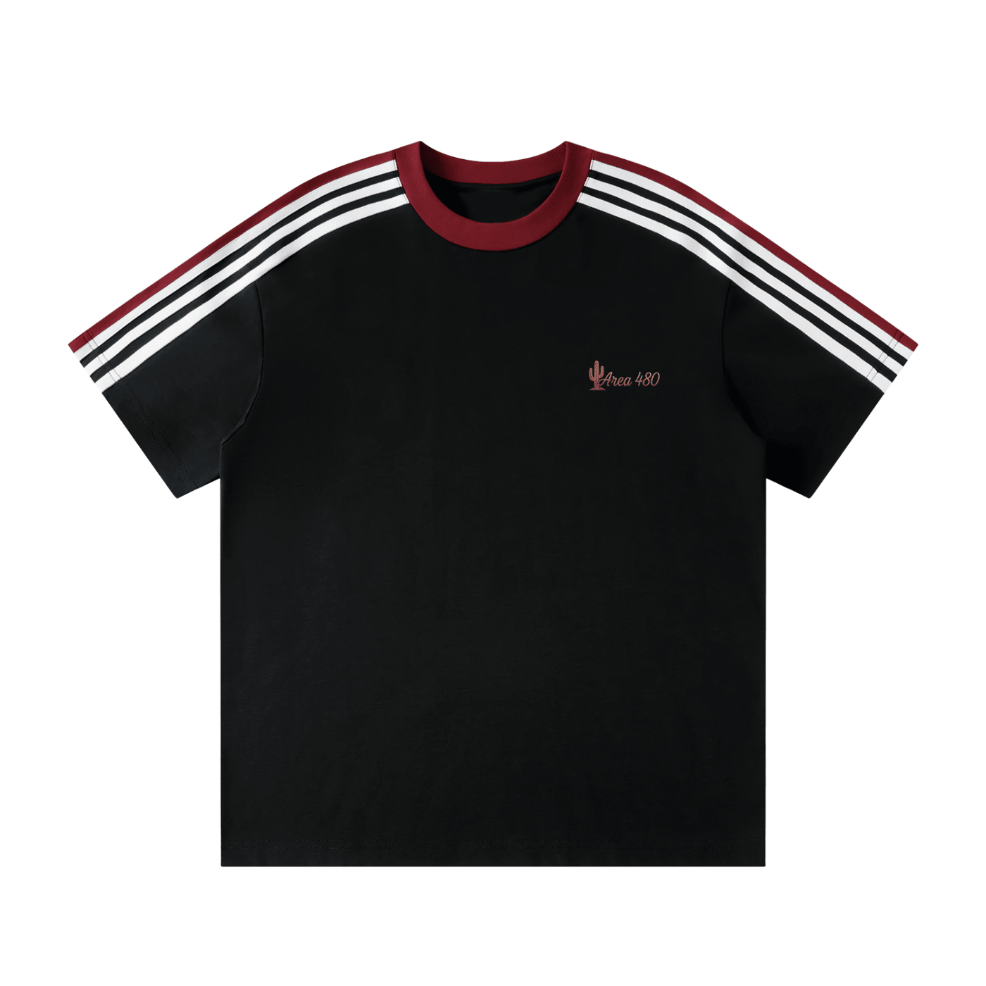 Unisex black colorblock t-shirt with maroon collar, white shoulder stripes, and small chest print