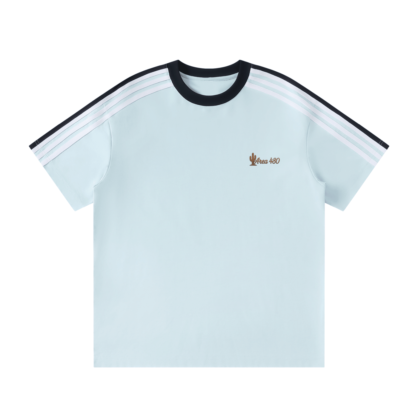 Unisex light blue colorblock striped t-shirt with black crew neck and sleeve stripes