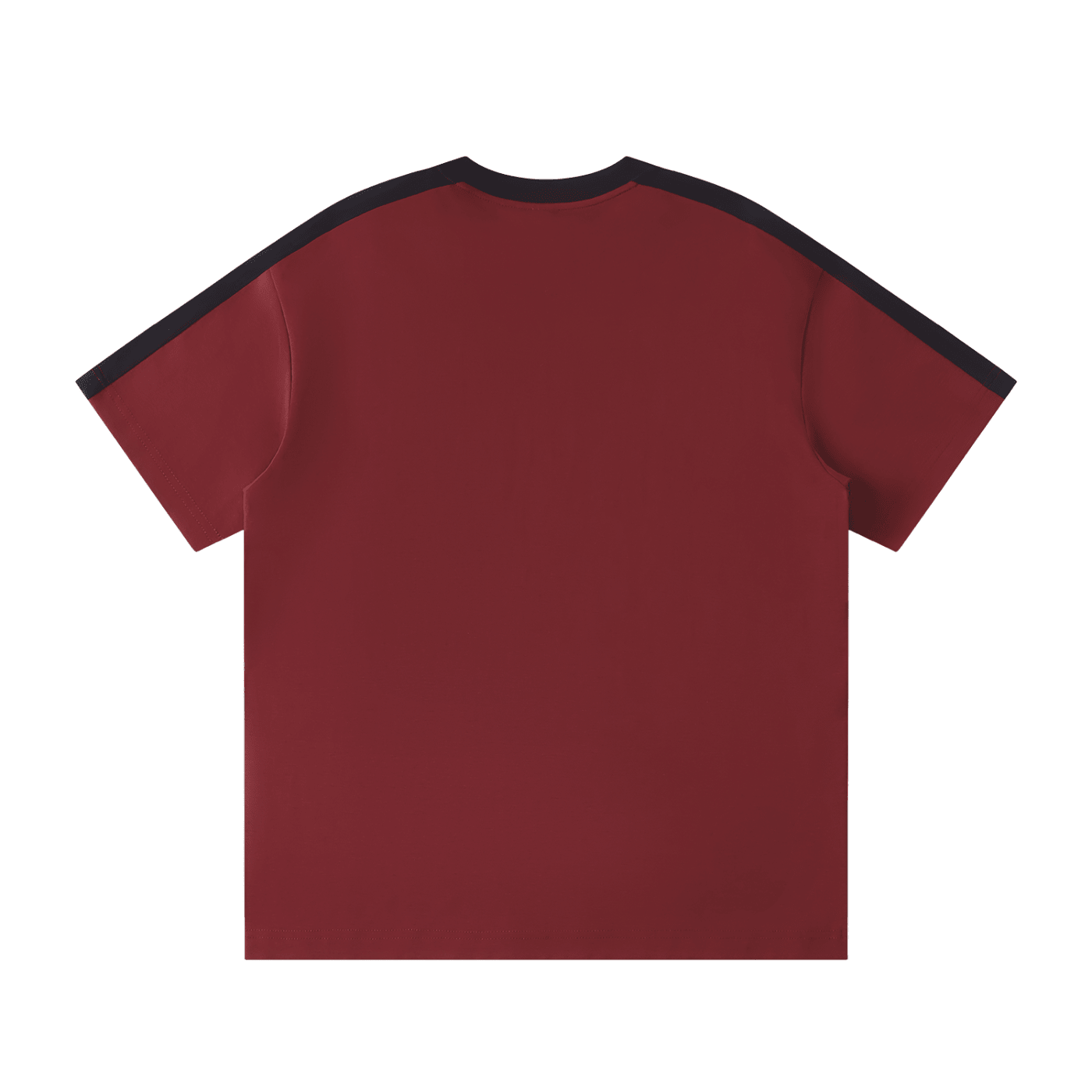 Back view of a unisex burgundy colorblock t-shirt with black stripe detail on shoulders