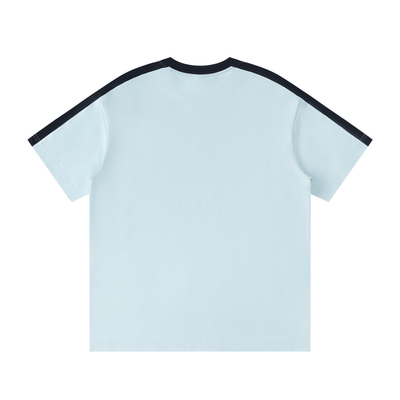 Unisex colorblock t-shirt with light blue body and black stripes along shoulders and sleeves