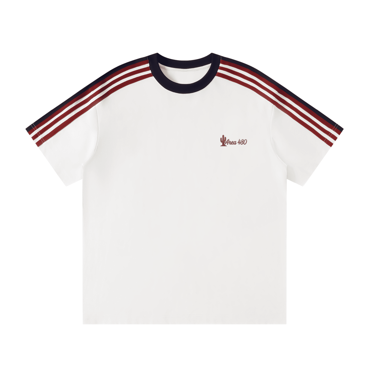 Unisex white colorblock T-shirt with red and navy striped sleeves and Area 480 chest print