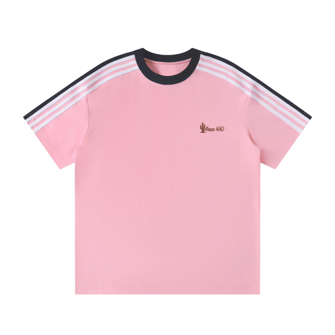 Pink unisex colorblock striped t-shirt with black collar and white shoulder stripes
