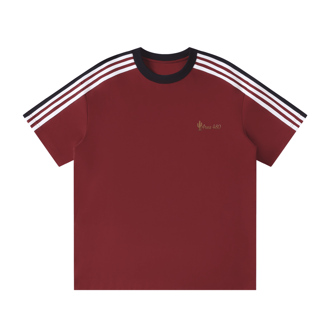 Unisex colorblock maroon t-shirt with white striped sleeves and black collar