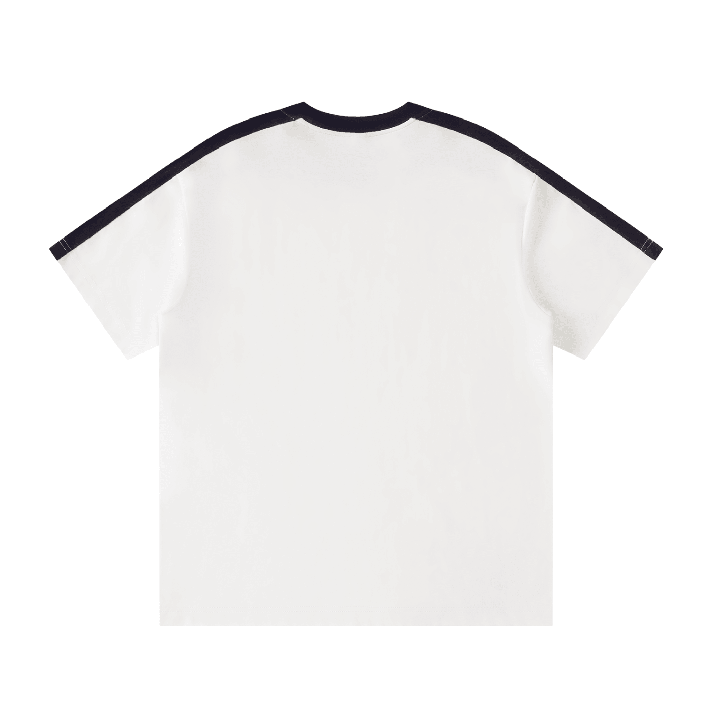 Back view of unisex colorblock t-shirt with black shoulder stripes and short sleeves