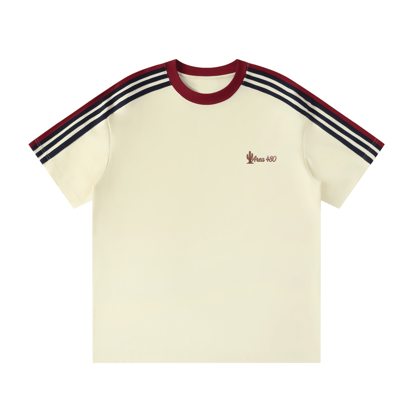 Unisex colorblock striped t-shirt with cream body, red collar, and navy-red shoulder stripes
