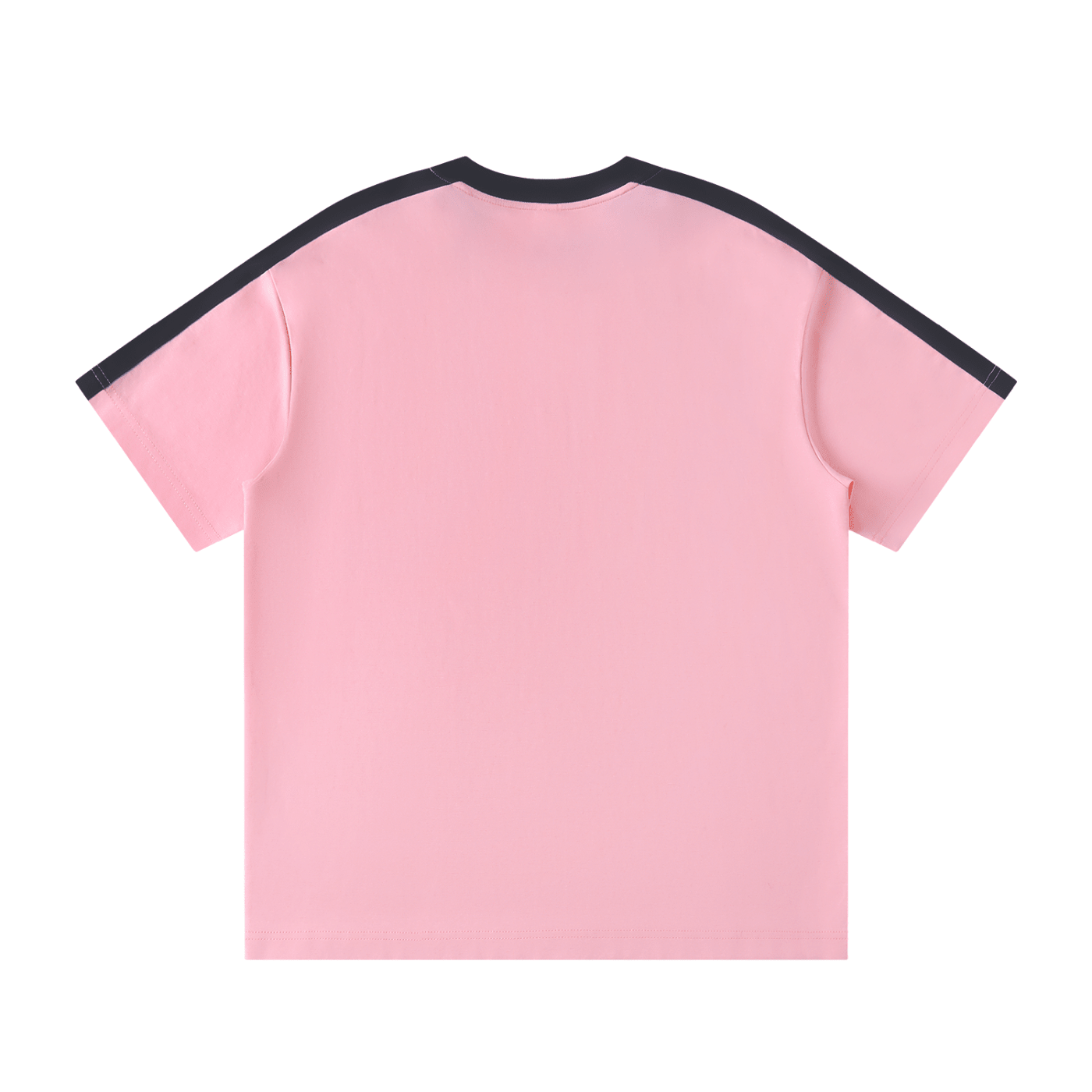 Unisex pink colorblock t-shirt with black striped accents on sleeves and collar