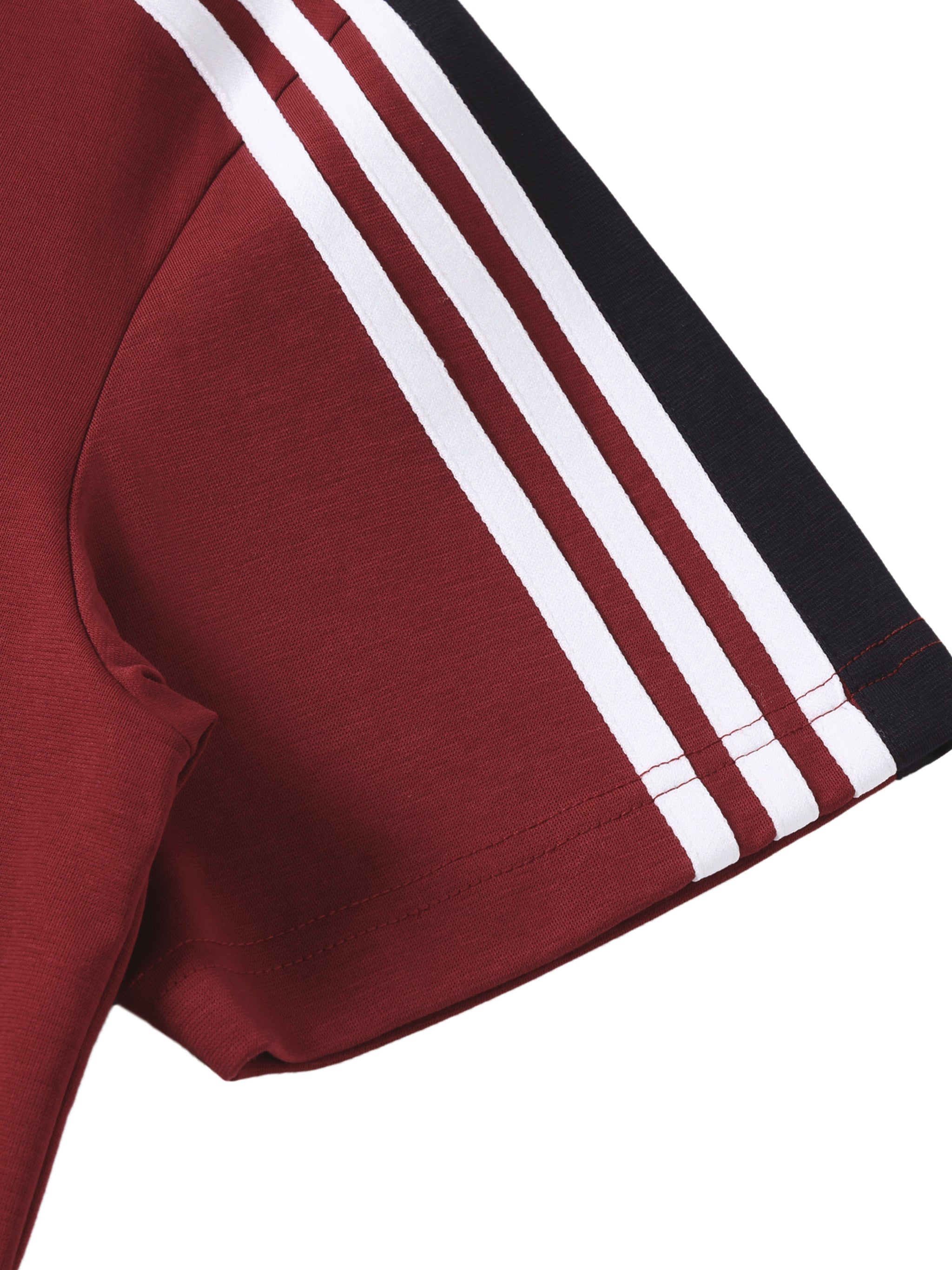 Unisex colorblock t-shirt sleeve with burgundy, black, and white striped design