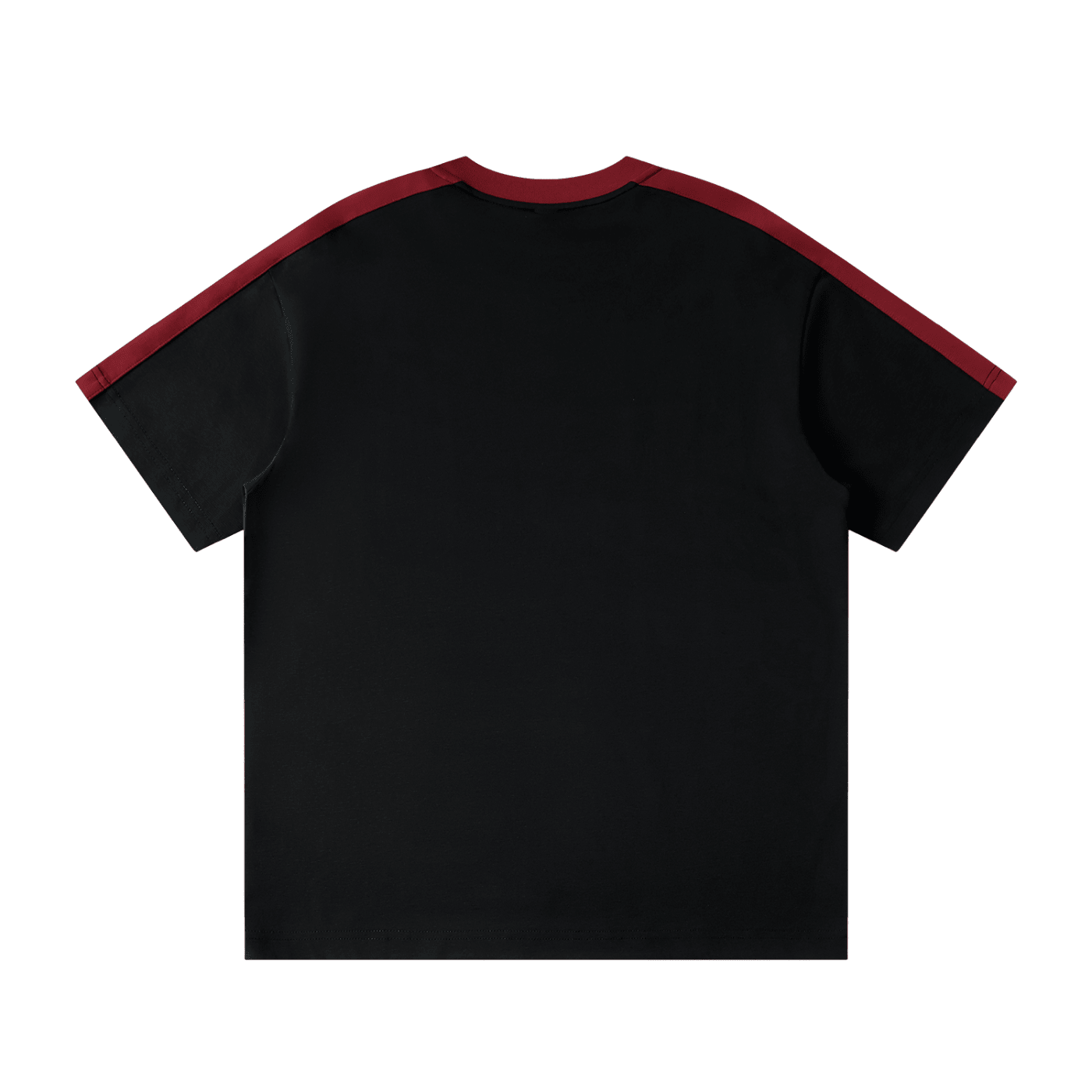 Black unisex t-shirt with maroon colorblock stripes on sleeves and collar, streetwear style