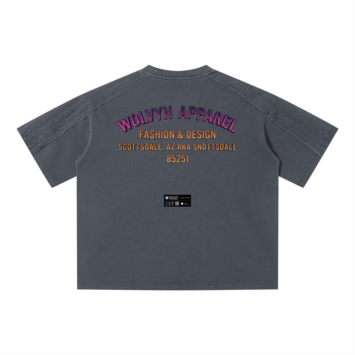 Unisex vintage wash boxy T-shirt in charcoal with bold back graphic text and embroidered accents
