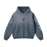 Faded blue heavyweight oversized hoodie with red V logo and script sleeve details