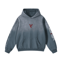 Faded blue heavyweight oversized hoodie with red V logo and script sleeve details