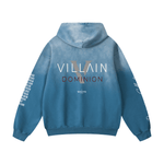 Blue heavyweight oversized hoodie with sun-fade effect, VILLAIN DOMINION text on back, printed sleeves