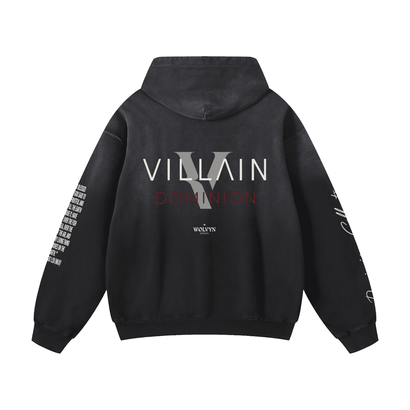 Black heavyweight oversized hoodie with 'VILLAIN DOMINION' graphic on back and sleeve text print.