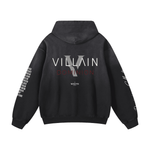 Black heavyweight oversized hoodie with 'VILLAIN DOMINION' graphic on back and sleeve text print.