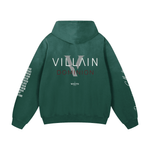 Green heavyweight oversized hoodie with 'Villain Dominion' graphic and text on back and sleeves