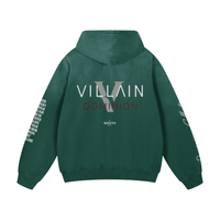 Green heavyweight oversized hoodie with 'Villain Dominion' graphic and text on back and sleeves