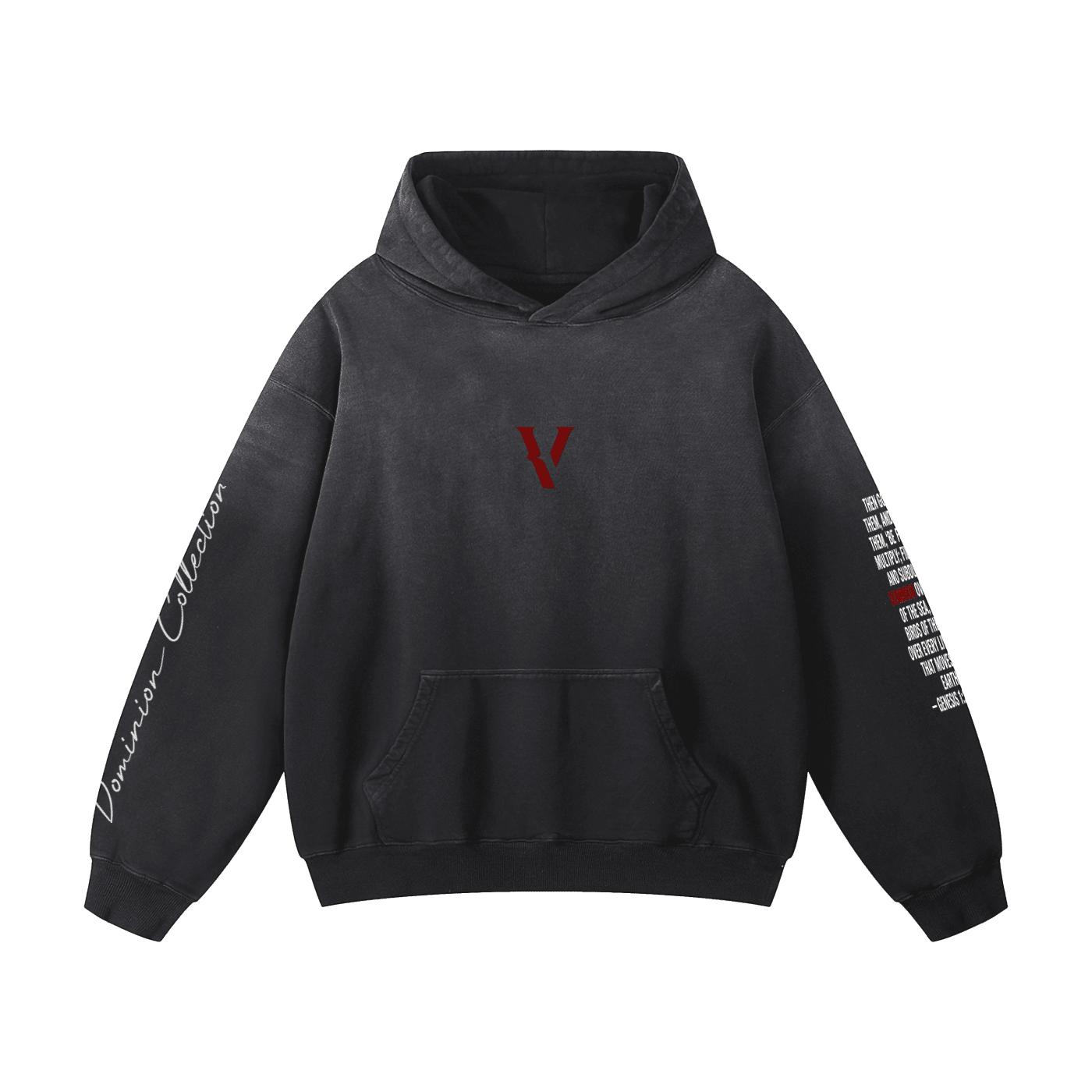 Black heavyweight oversized hoodie with red V logo, sleeve text, and Dominion Collection script.