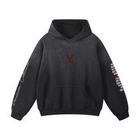 Black heavyweight oversized hoodie with red V logo, sleeve text, and Dominion Collection script.