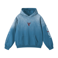 Blue sunfade heavyweight oversized hoodie with red V logo, script and text graphics