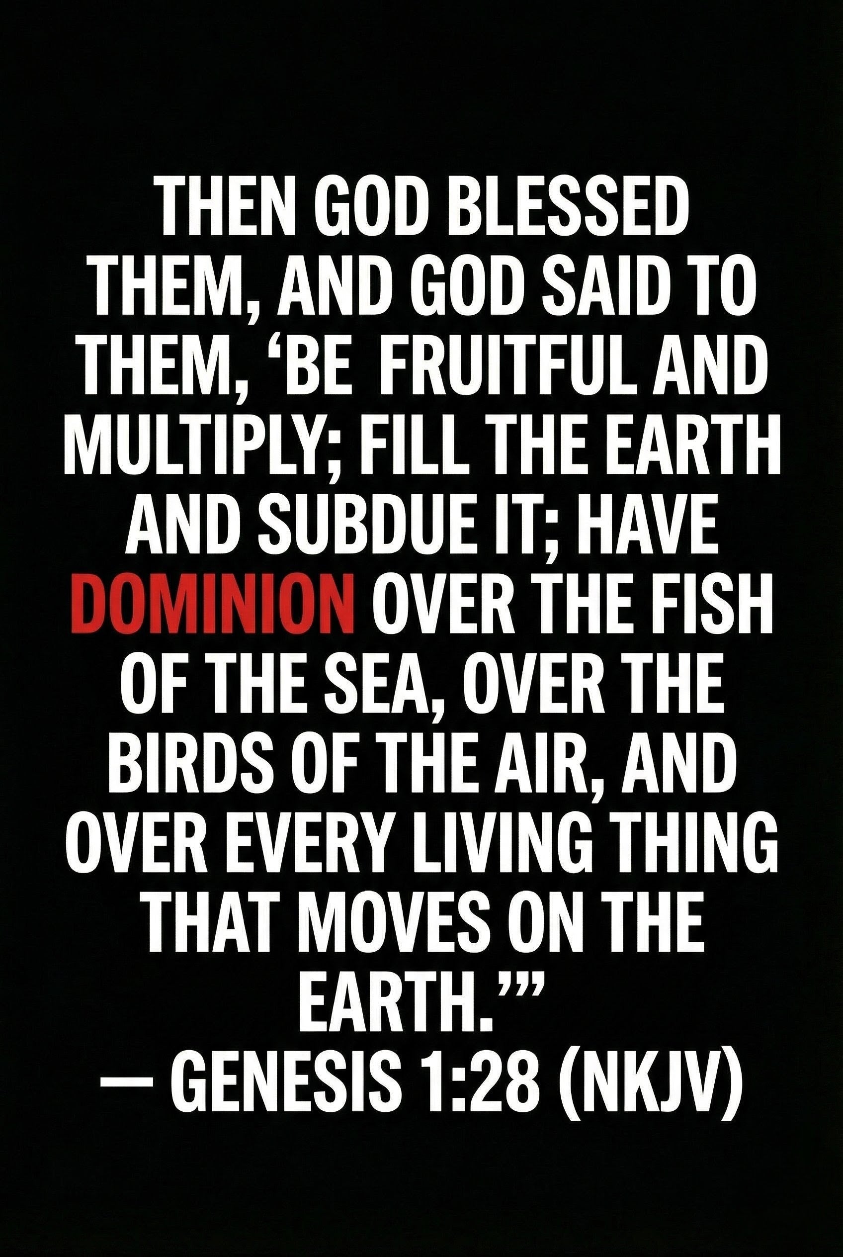Inspirational Genesis 1:28 quote in bold white text with DOMINION in red on black background