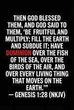 Inspirational Genesis 1:28 quote in bold white text with DOMINION in red on black background