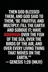 Inspirational Genesis 1:28 quote in bold white text with DOMINION in red on black background