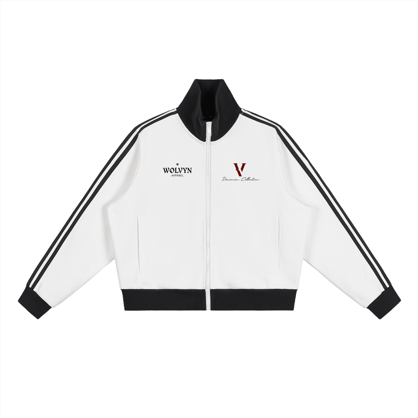 White cropped fleece track jacket with black side stripes, black collar and hem, front zip, and chest logos.