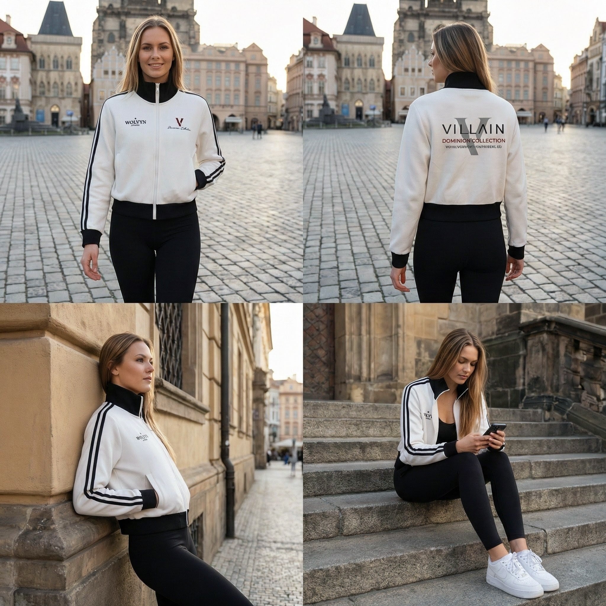 Woman in white fleece cropped track jacket with black side stripes, black leggings, outdoors